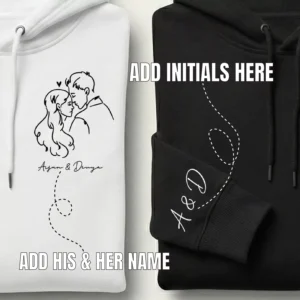 Personalized couple line art hoodies showing where to add names and sleeve initials for customization