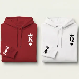 Personalized crown design hoodies in red and white with king and queen prints and sleeve initials