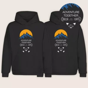 Personalized front name printed couple hoodies with adventure together design and customizable names on black hoodies