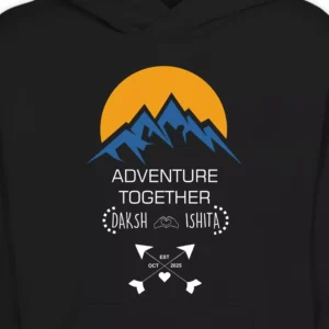 Close-up view of personalized front name printed couple hoodie with adventure together mountain design and custom names