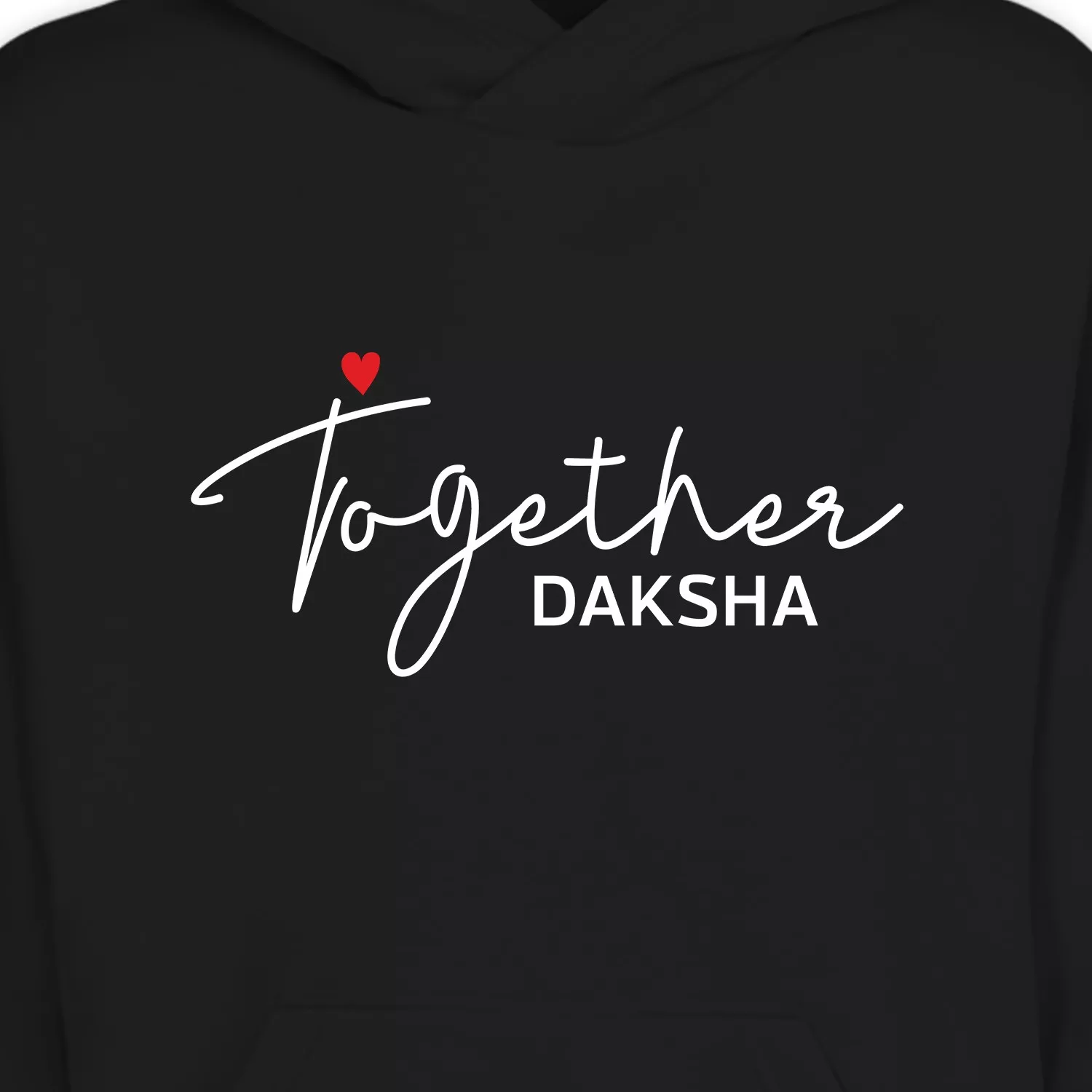 Close-up of personalized “Together” name print on black couple hoodie – custom his and her hoodie design