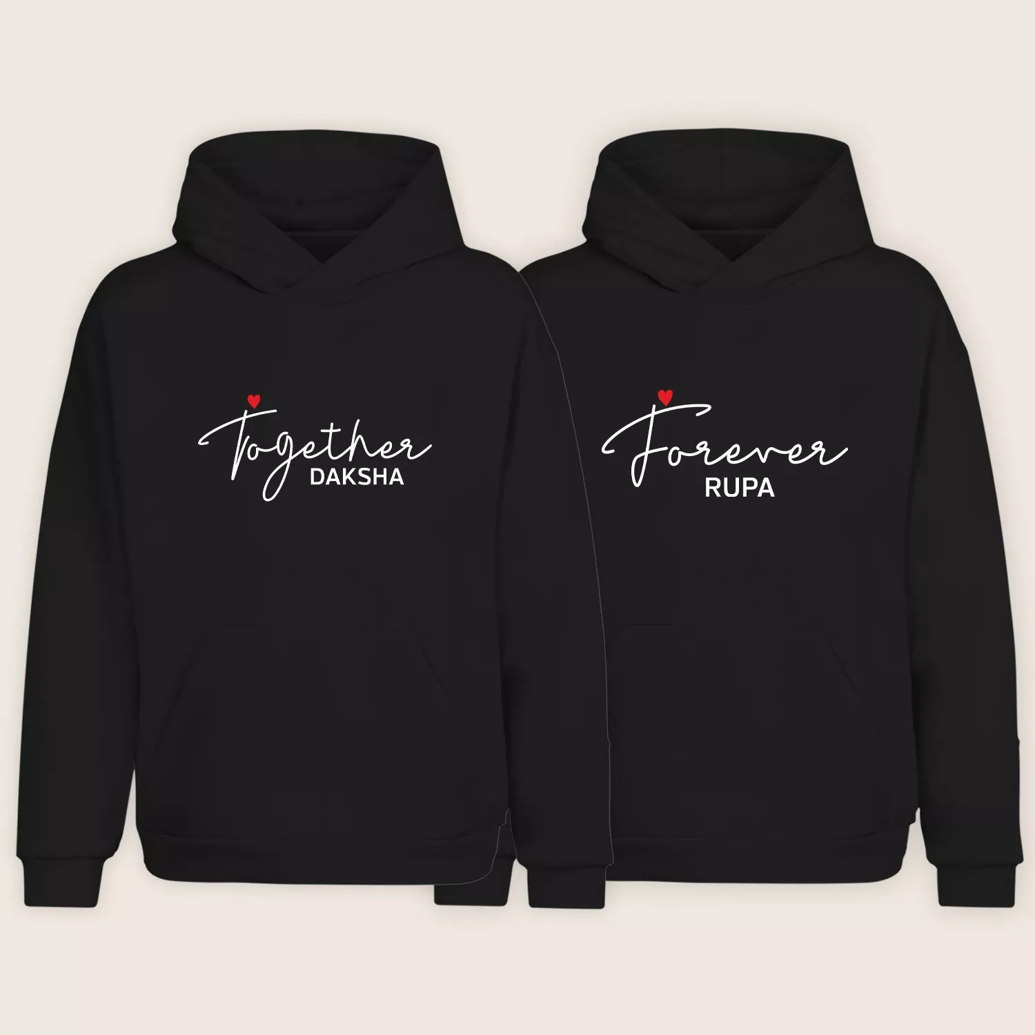 Personalized His and Her Name Hoodies – Together and Forever matching couple hoodie print set in black