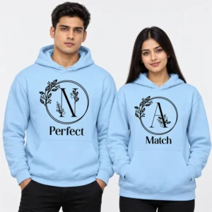 Light blue personalized couple hoodies with floral circle initials N and A and the coordinated words Perfect and Match.