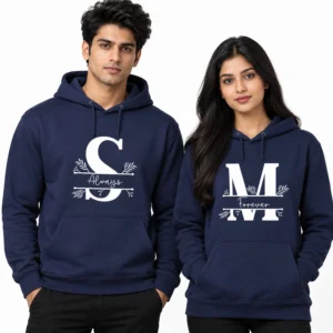 Navy personalized couple hoodies with large S and M initials, white leaf details, and Always and Forever script.