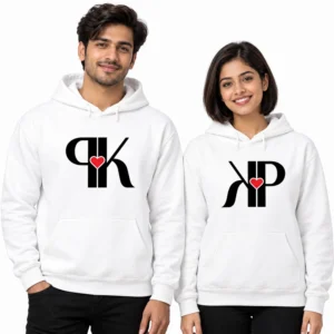 White personalized couple hoodies with bold black interlocking monogram designs and a red heart accent.