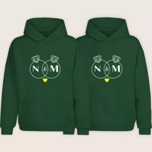 Green matching personalized couple hoodies with custom initial letters and lotus design