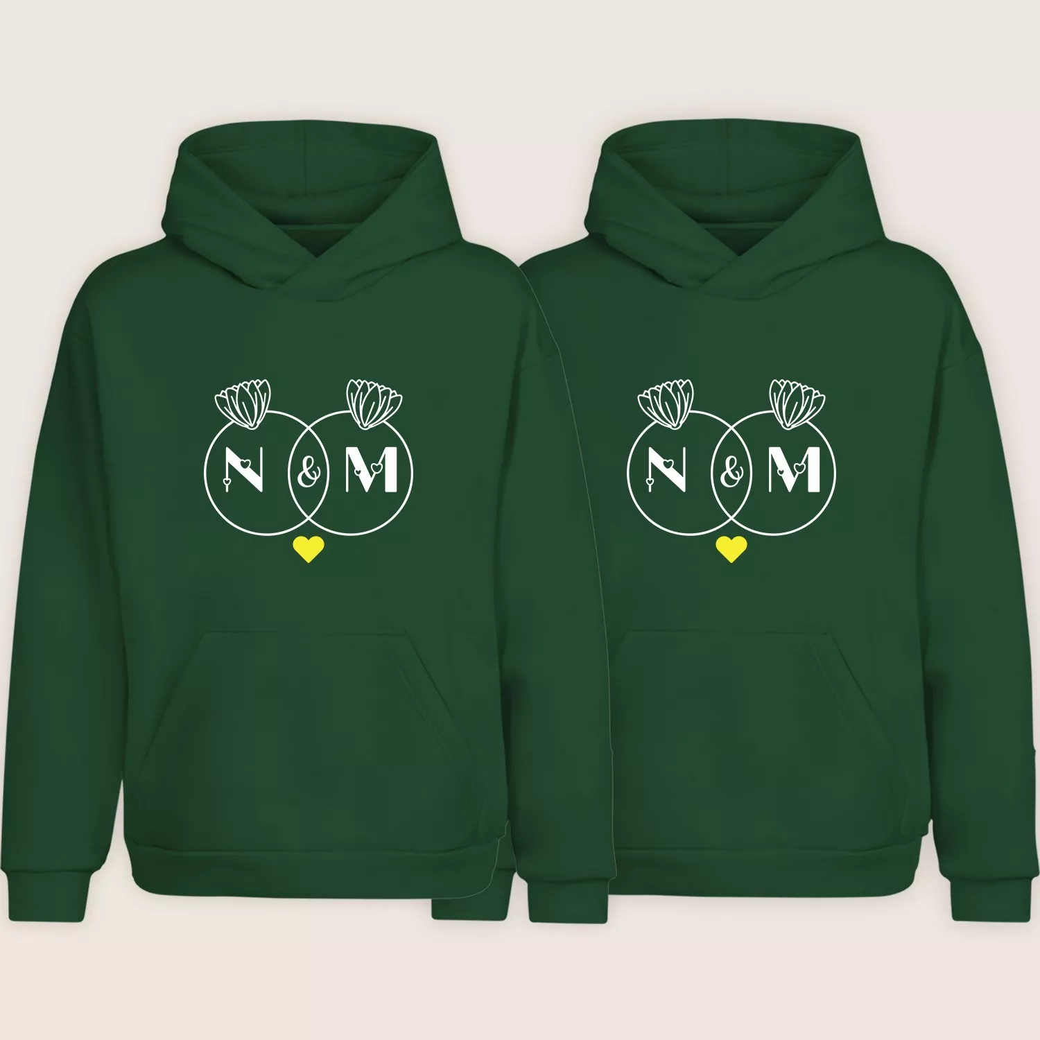 Green matching personalized couple hoodies with custom initial letters and lotus design
