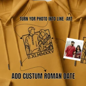 Guide image showing how couple photos are turned into personalized line-art embroidery with custom Roman dates on mustard hoodies