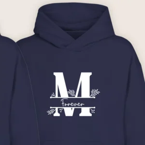 Navy blue personalized hoodie with monogram M initial and Forever text for couples