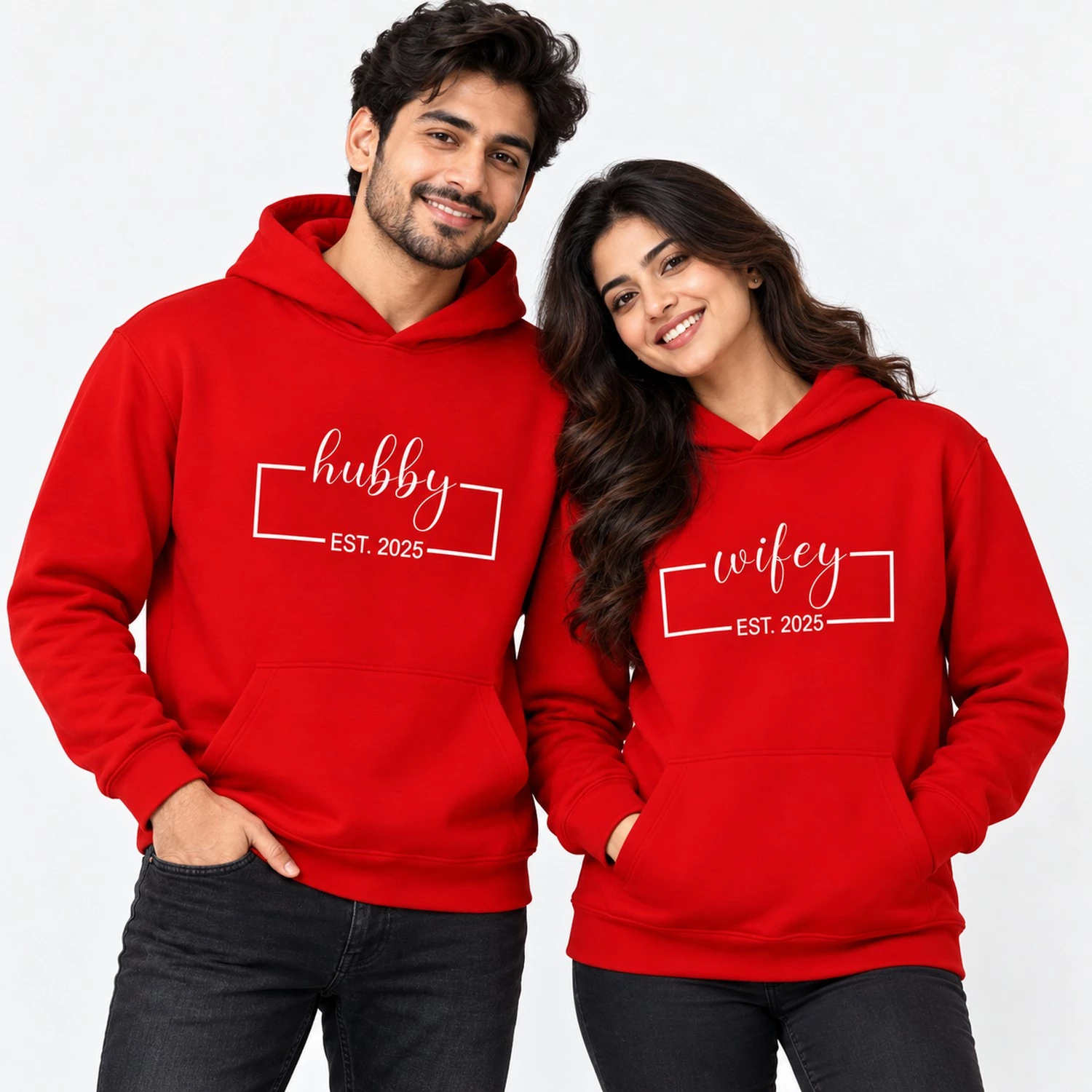 Personalized matching couple hoodies in bright red with white Hubby and Wifey EST. 2025 chest designs.