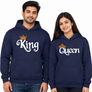 Personalized matching couple hoodies in navy blue with white King and Queen lettering and gold crown graphics.