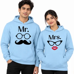 Personalized matching couple hoodies in light blue with Mr glasses and moustache design and Mrs glasses and red lips design.