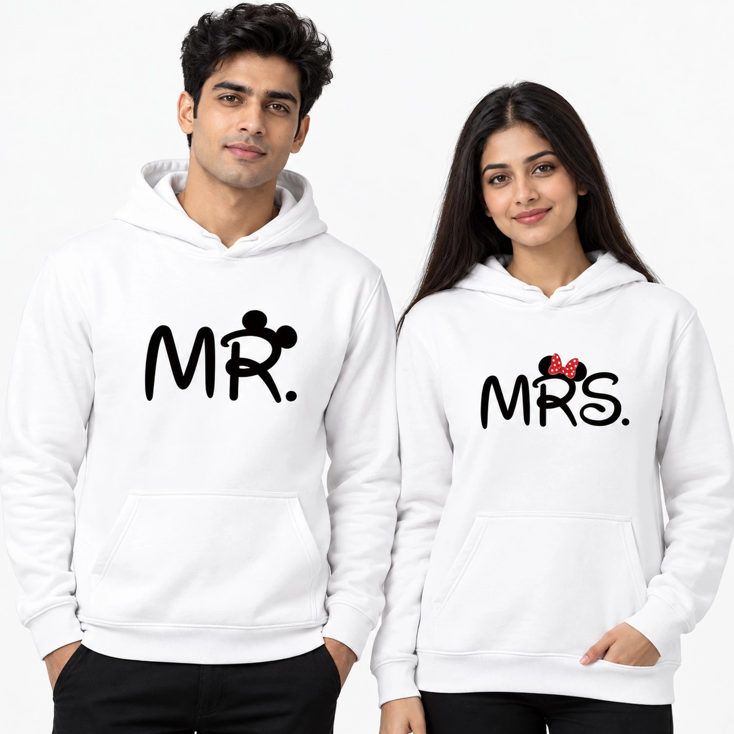 Personalized matching couple hoodies in white with black MR and MRS lettering and playful ear and red bow accents.