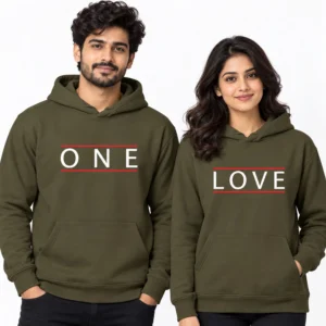 Personalized matching couple hoodies in olive green with white One and Love lettering between red lines.