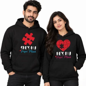 Personalized matching couple hoodies in black with red puzzle graphics and She's My and He's My Perfect Match designs.