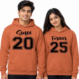 Personalized matching couple hoodies in terracotta with black Since 20 and Forever 25 chest designs.