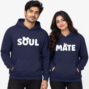Personalized matching couple hoodies in navy blue with white Soul and Mate chest designs worn by an Indian couple.