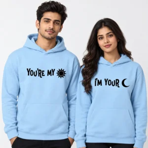 Personalized matching couple hoodies in sky blue with You're My sun and I'm Your moon black chest designs.
