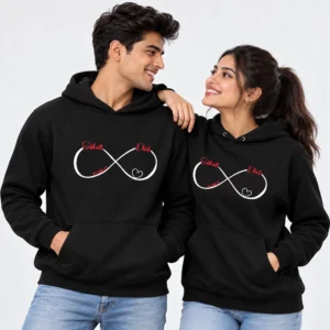 Black personalized name couple hoodies with white infinity heart design, Siddharth and Dhriti names, and 21.08.21 date.