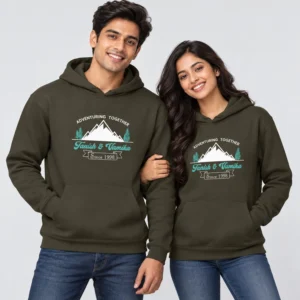 Olive green personalized couple hoodies with mountain and tree graphics, Tanish and Tamika names, and Since 1998 text.