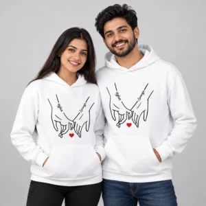 White personalized name printed couple hoodies with black line-art hands, custom names on the wrists, and a small red heart.