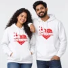 White personalized name couple hoodies with a red heart cluster design and Tanish and Vanika names joined by a heart.