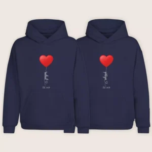 Personalized name hoodie set for couples featuring matching navy hoodies with red heart balloon design and custom printed names