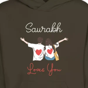 Close-up design of personalized couple hoodie with custom name and illustrated couple holding hands with heart prints.