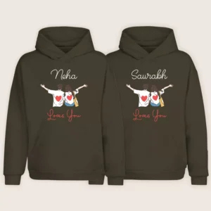Two olive green personalized name hoodies for couples with custom printed names and heart illustration design.