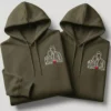 Personalized photo to line art couple hoodies with custom photo-to-line-art embroidery and names on olive green hoodies