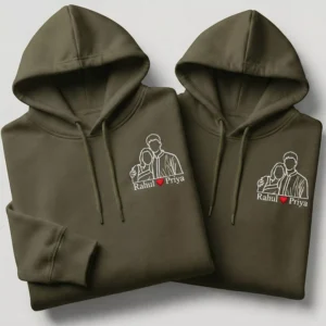 Personalized photo to line art couple hoodies with custom photo-to-line-art embroidery and names on olive green hoodies