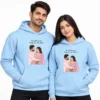Custom baby blue matching couple hoodies with personalized vector art portrait