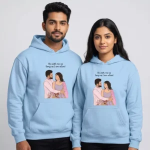 Personalized vector art couple hoodies in light blue with custom photo illustration design