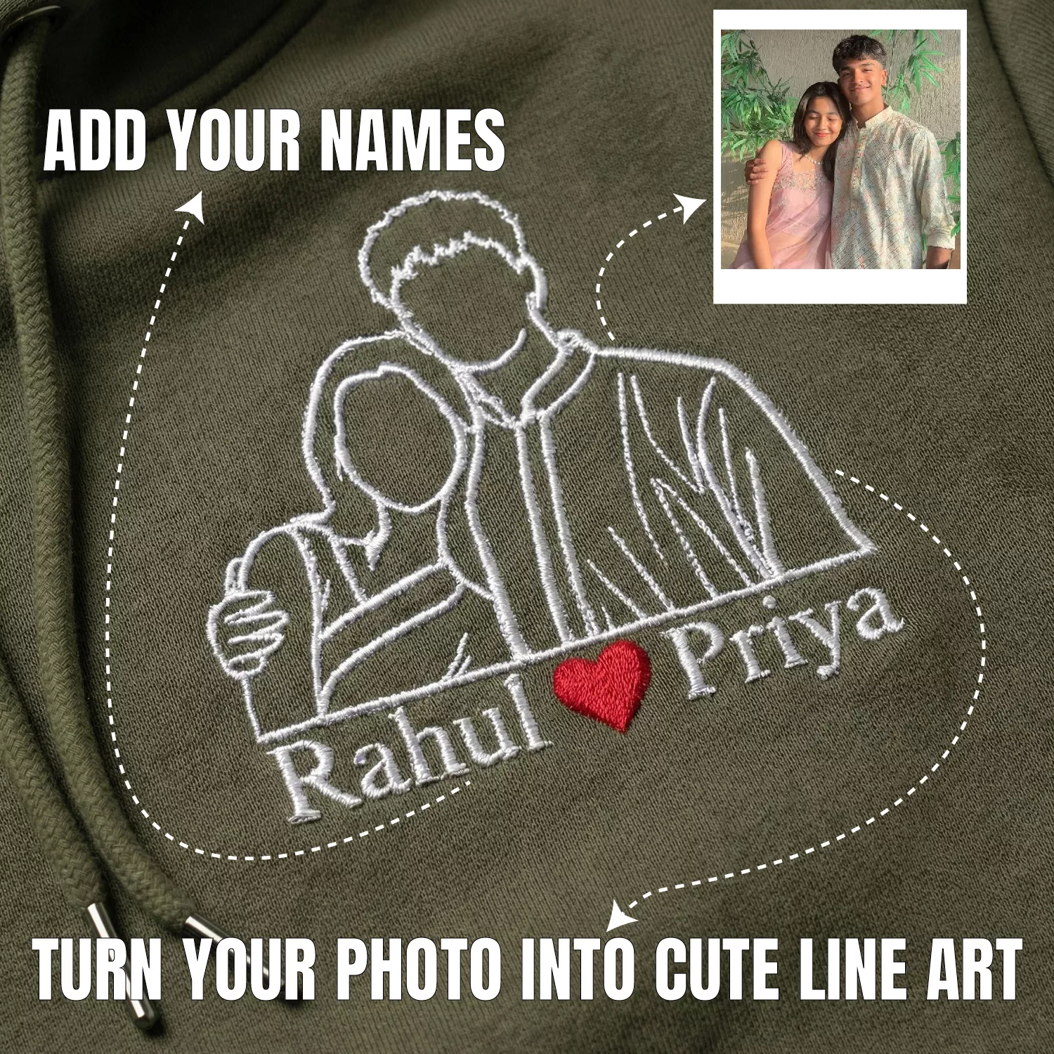 Photo-Based Line-Art Embroidery Hoodies – Couple Edition