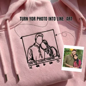 Guide showing how a couple’s photo is turned into custom line-art embroidery on pink hoodies.