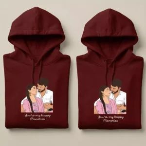 Folded maroon couple hoodies with personalized photo to vector art illustration for anniversary gifting