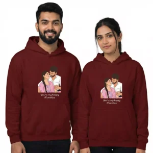 Personalized photo to vector art couple hoodies in maroon color
