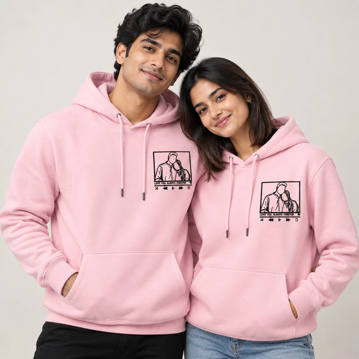 Pink matching couple hoodies with romantic line art embroidery and love you always forever design