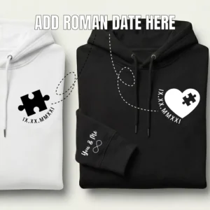 Personalized puzzle couple hoodies with highlighted Roman date customization area