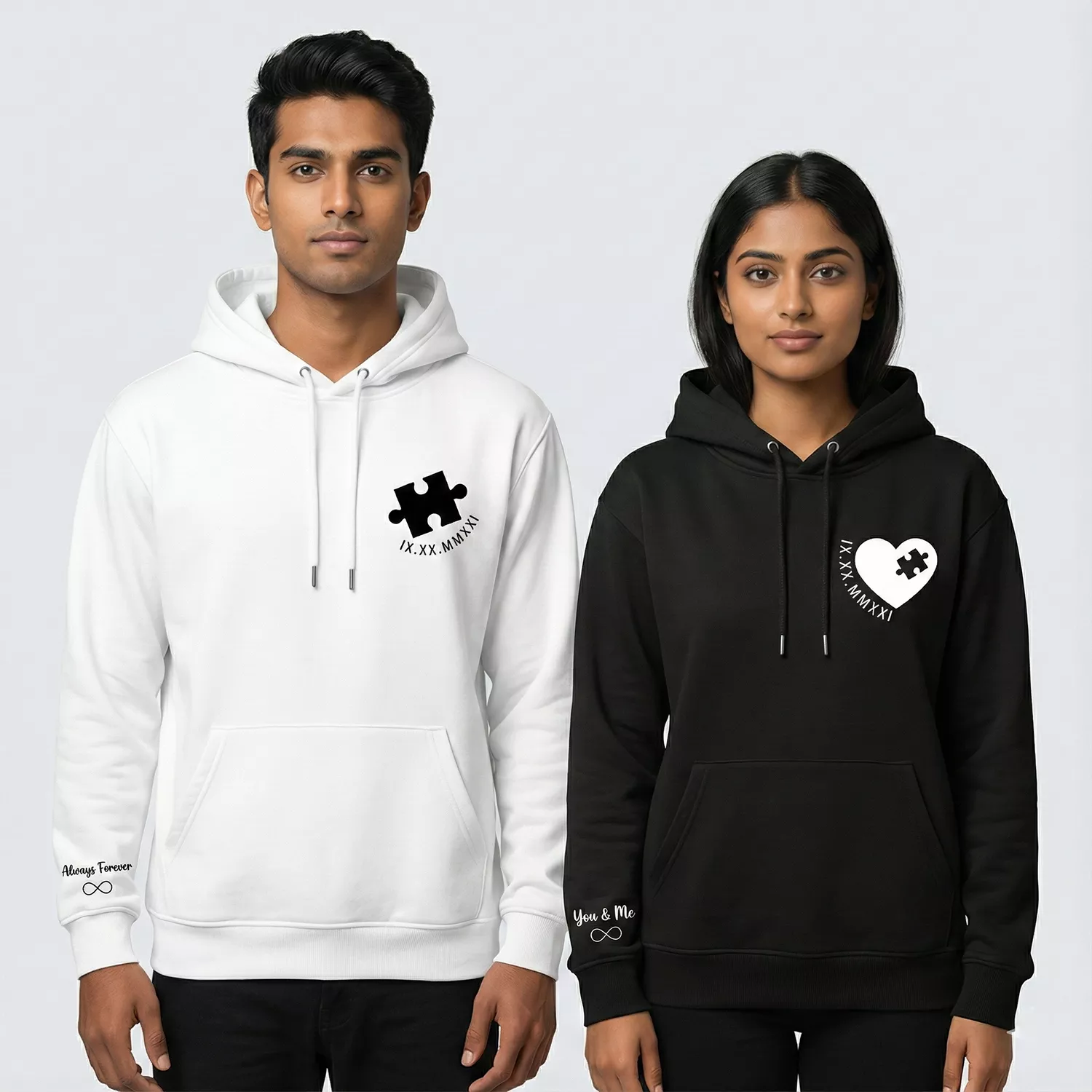 Couple wearing personalized puzzle hoodies with Roman date and sleeve text print