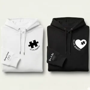 puzzle couple hoodies personalized with Roman date and custom sleeve print design