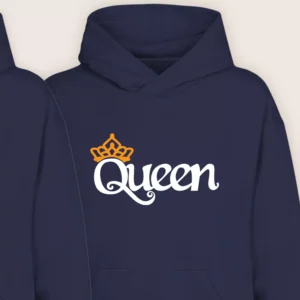 Close-up view of navy blue Queen hoodie with white text and gold crown design
