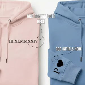 Custom roman date couple hoodies showing where to add date and sleeve initials