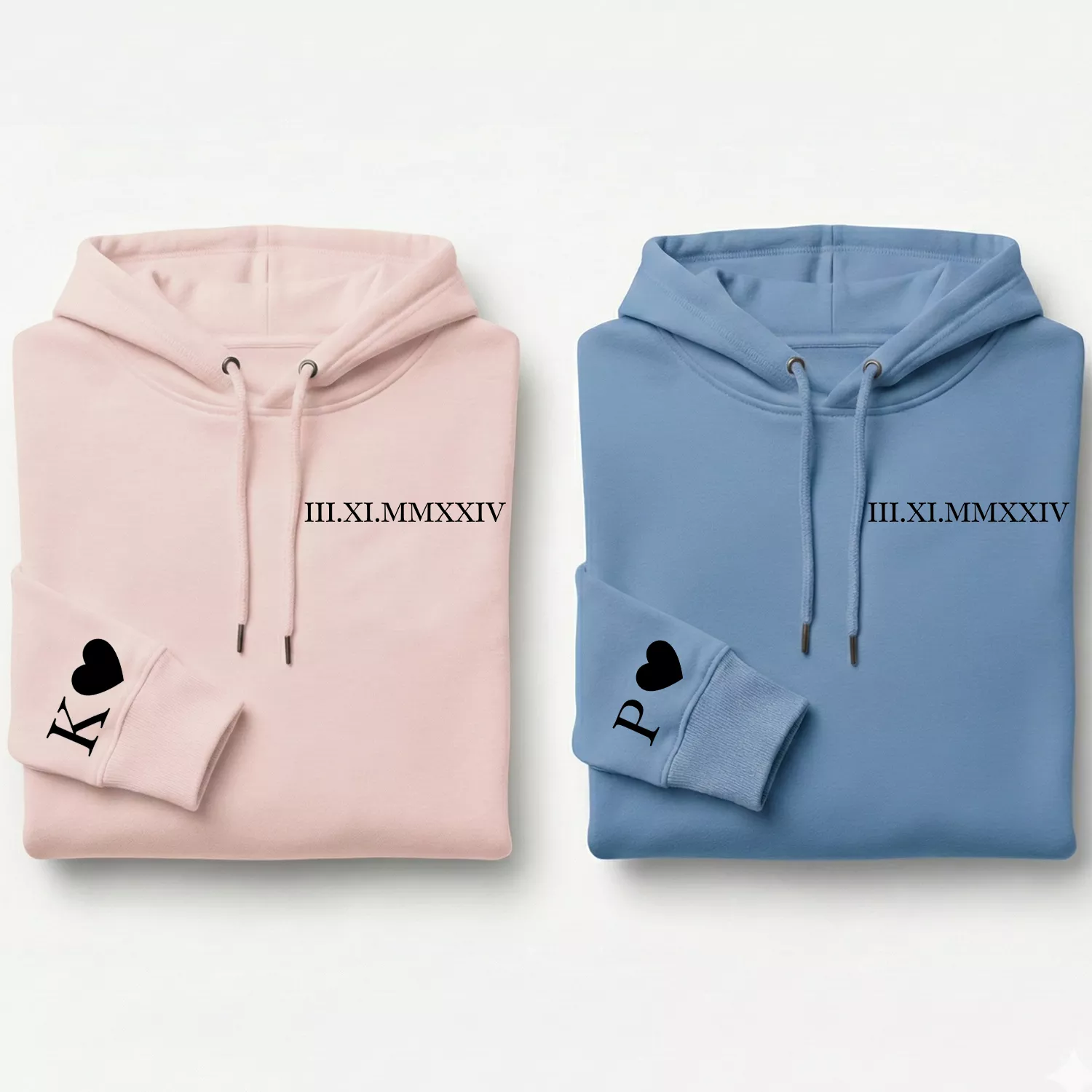Minimal roman date couple hoodies in pink and blue with heart sleeve initials