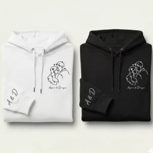 Romantic couple line art hoodies with custom names and sleeve initials in black and white colors