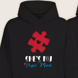 Black couple hoodie with red puzzle piece and “She’s My Perfect Match” printed design
