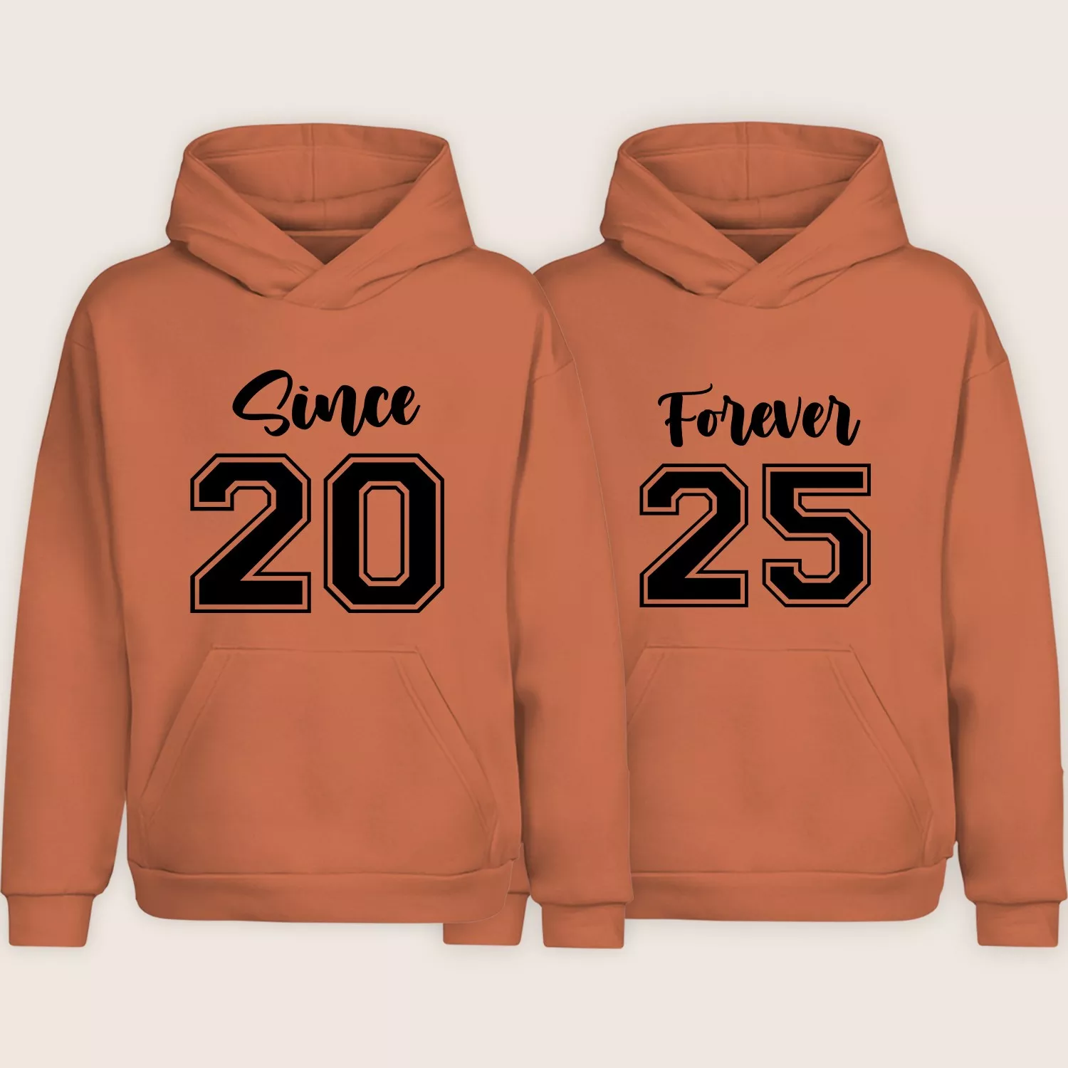 Matching couple hoodies in brown with “Since 20” and “Forever 25” printed, perfect for anniversaries and personalized gifting.