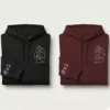 Premium sleeve initials couple hoodie set in black and maroon with minimal line-art couple design and custom initials