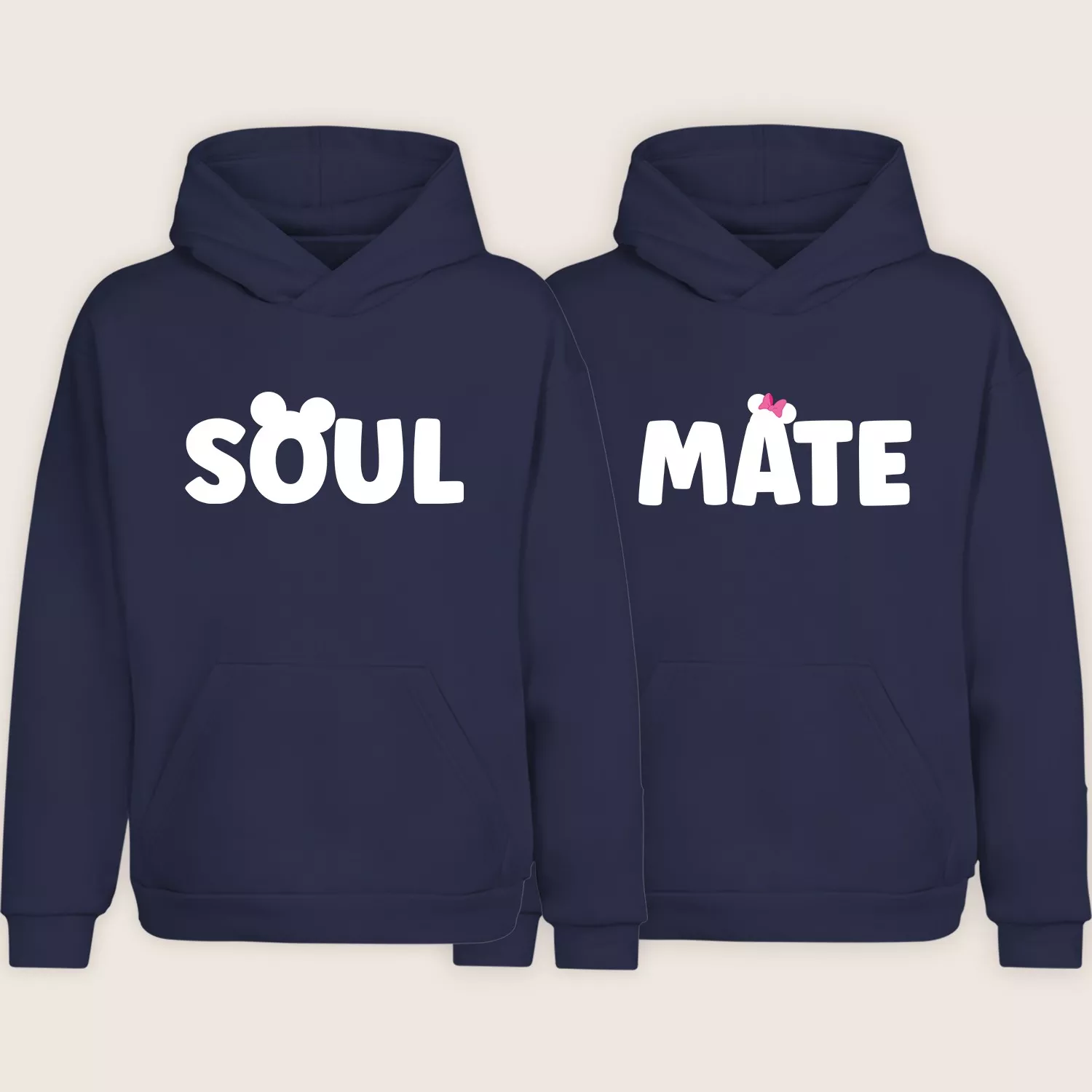 Soul Mate matching couple hoodies in navy blue with cute Mickey-style design