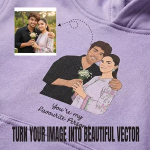 Custom vector portrait couple hoodie showing before-and-after photo transformation on lavender fabric